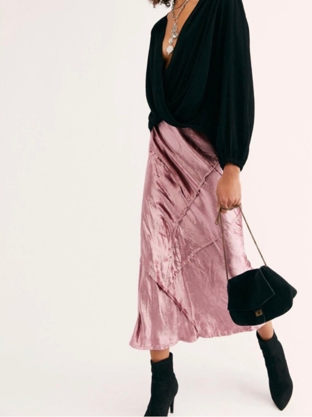 Free People Blush Pink Crushed-Velvet Midi Skirt